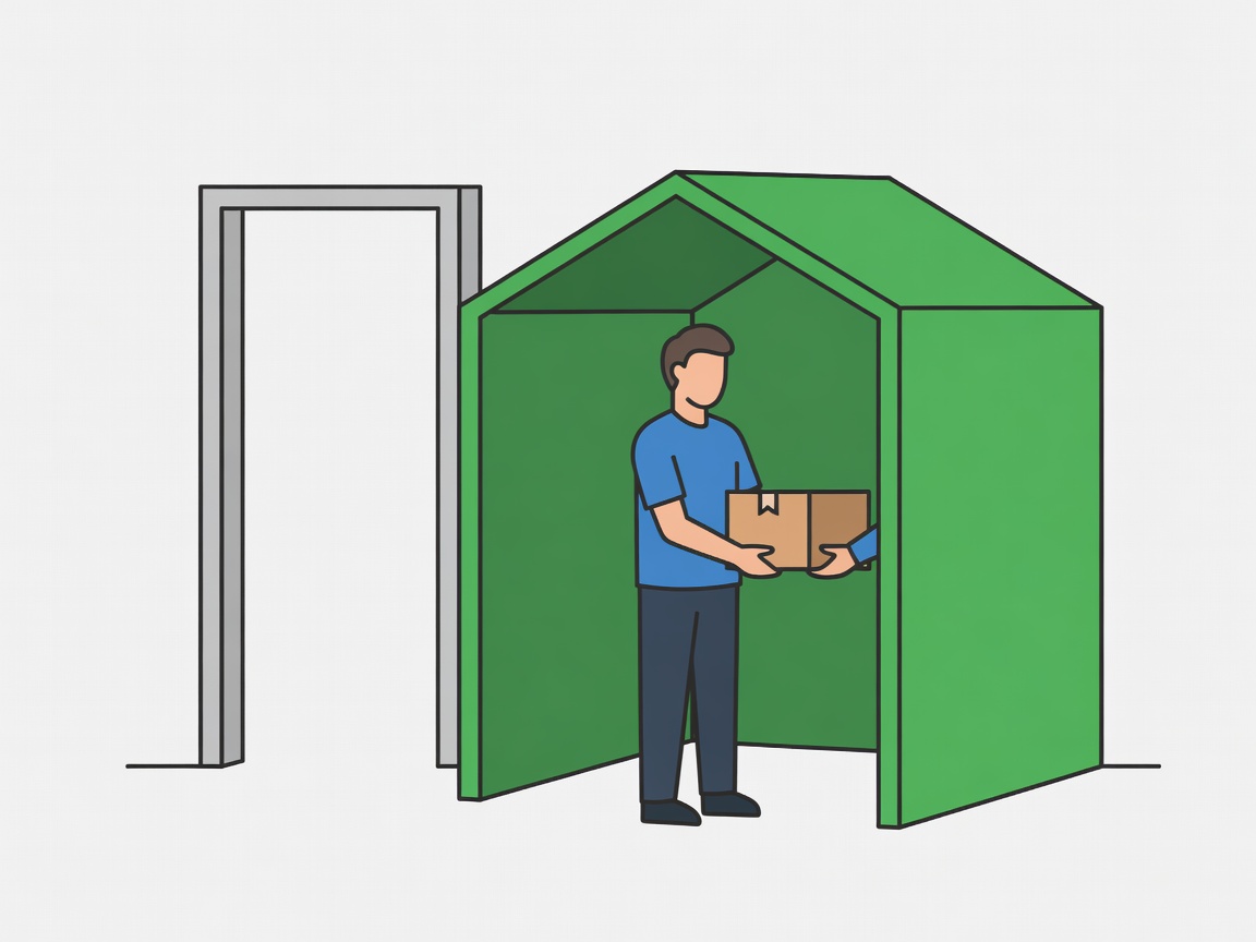 Flat vector illustration of a resident collecting a parcel from a sheltered green enclosure beside a clear entrance