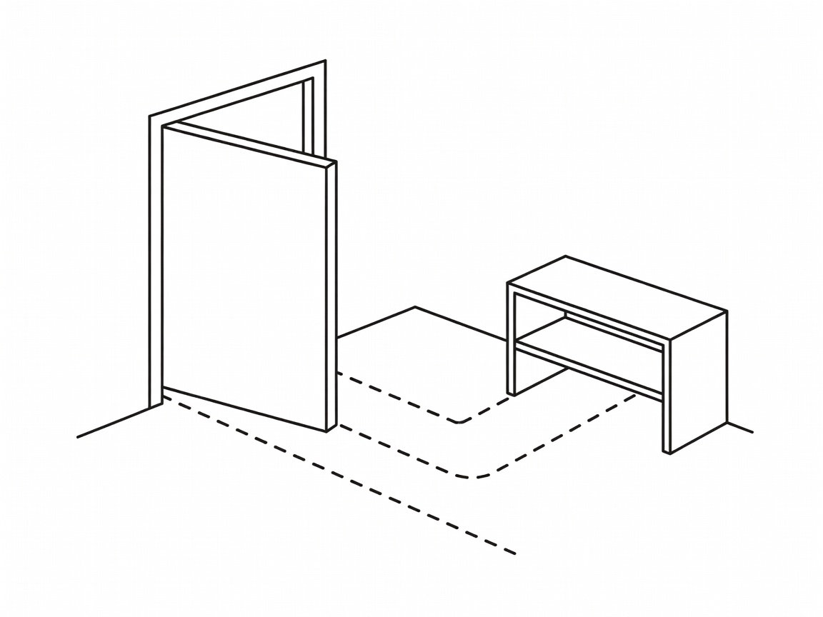 Vector floor plan showing a door swing and clear walking route beside a compact receiving shelf