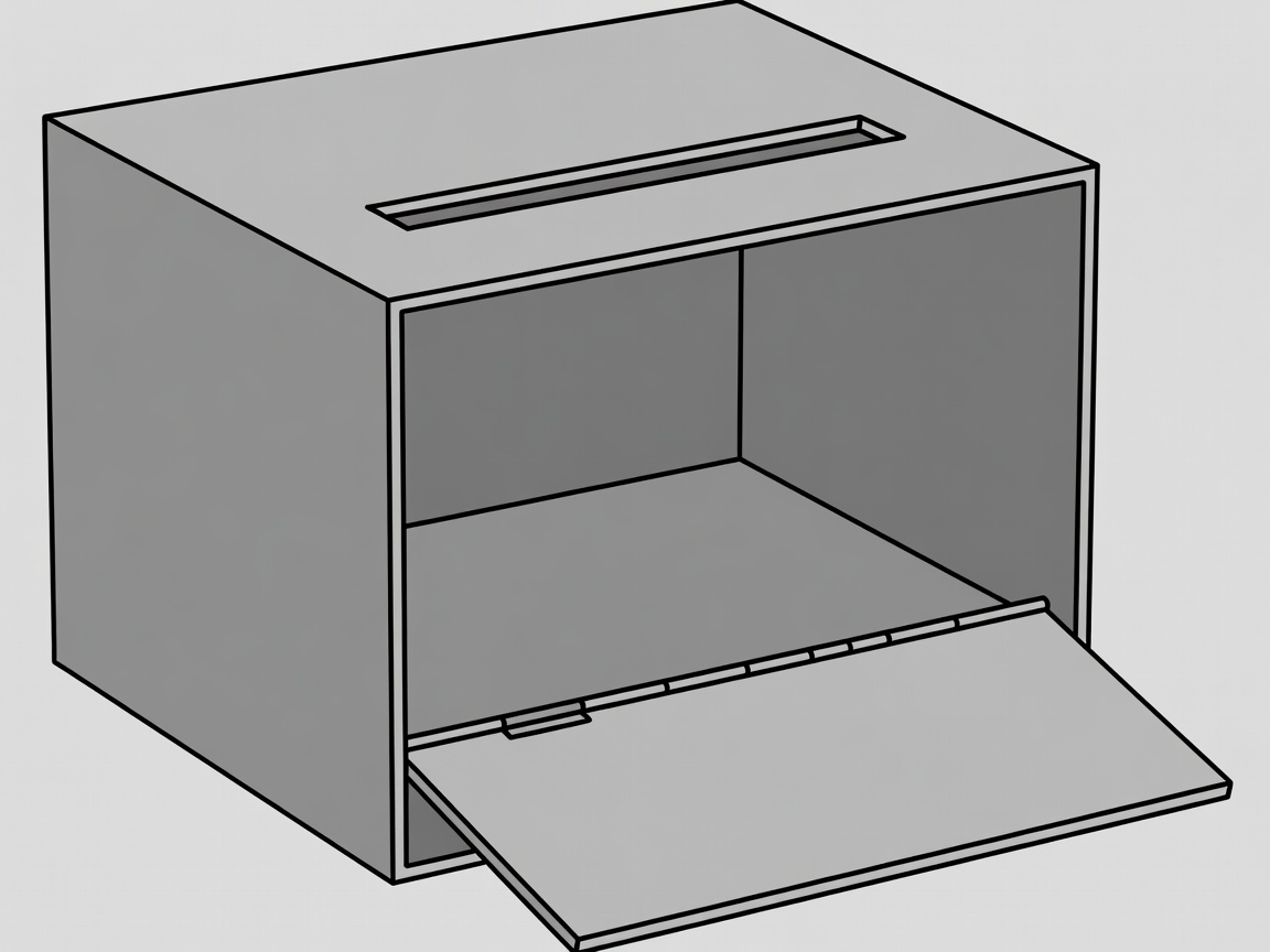 Flat vector cutaway of a parcel box showing the deposit opening, internal chamber and retrieval door