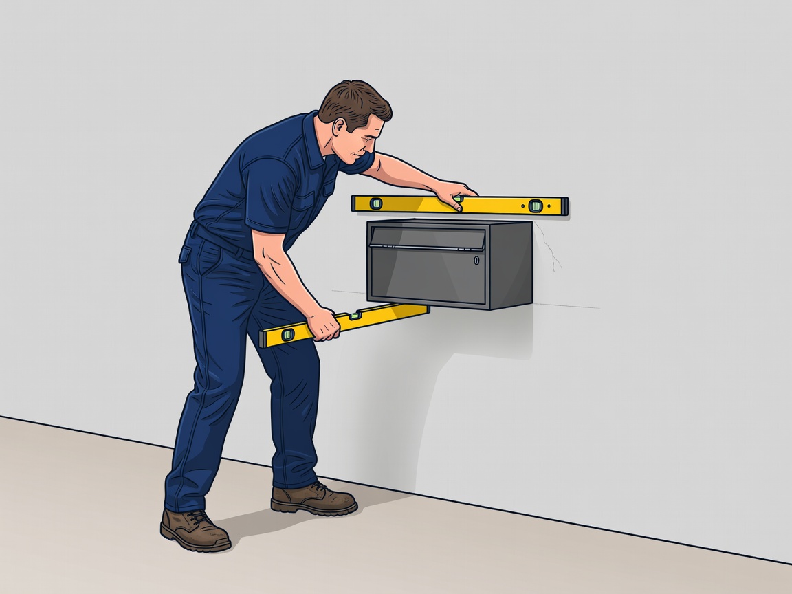 Vector illustration of an installer checking a parcel-box position against a wall before any drilling