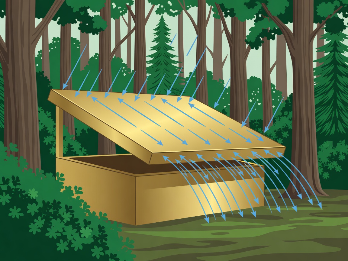 Forest and brass vector diagram of a sloped parcel-box lid shedding rain away from the opening