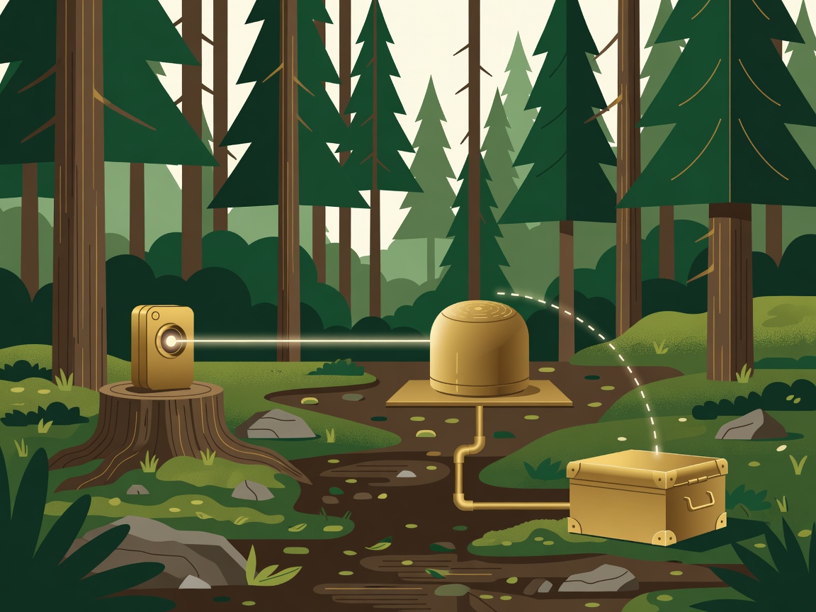 Forest and brass vector diagram of a parcel sensor connecting through a home hub with a manual collection fallback